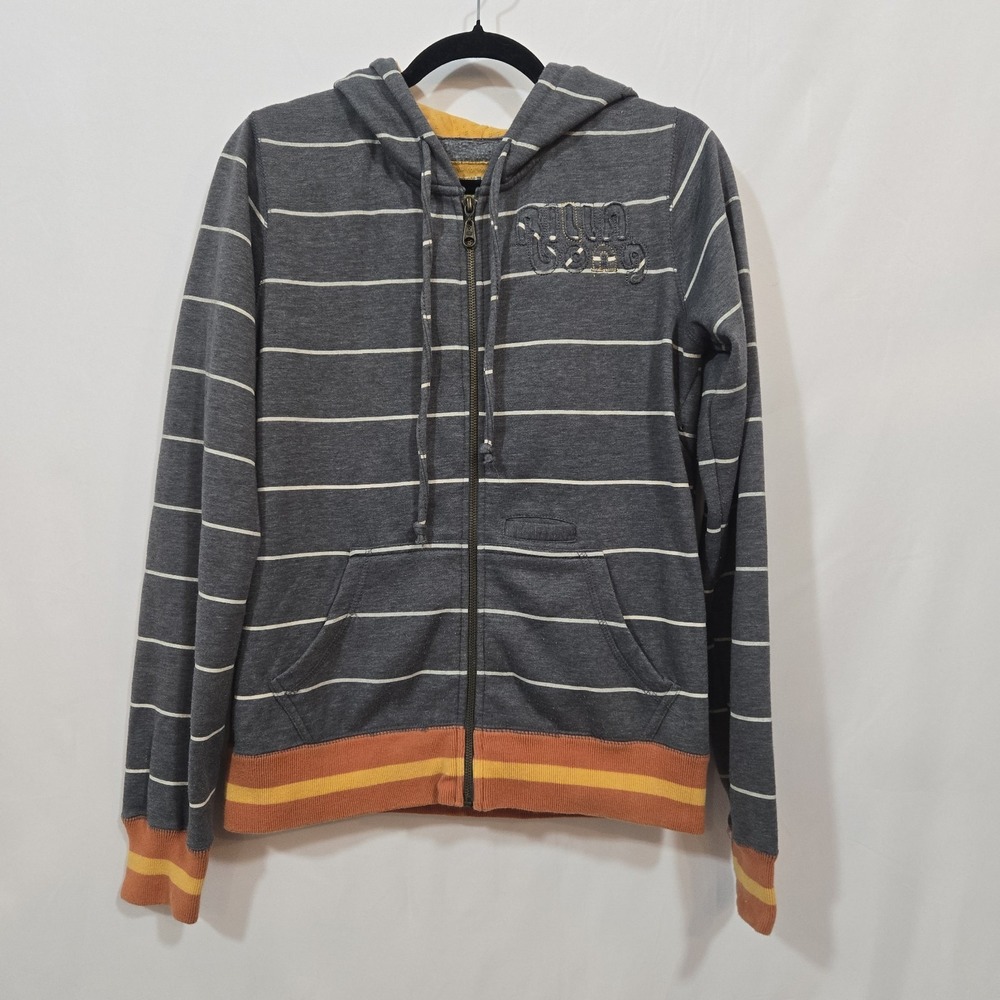 Billabong Womens Medium Gray Striped Full Zip Hoodie Y2K Surf Orange Trim
